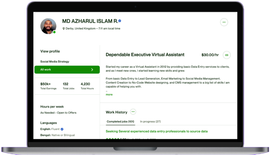 Upwork profile of Azharul Rafy